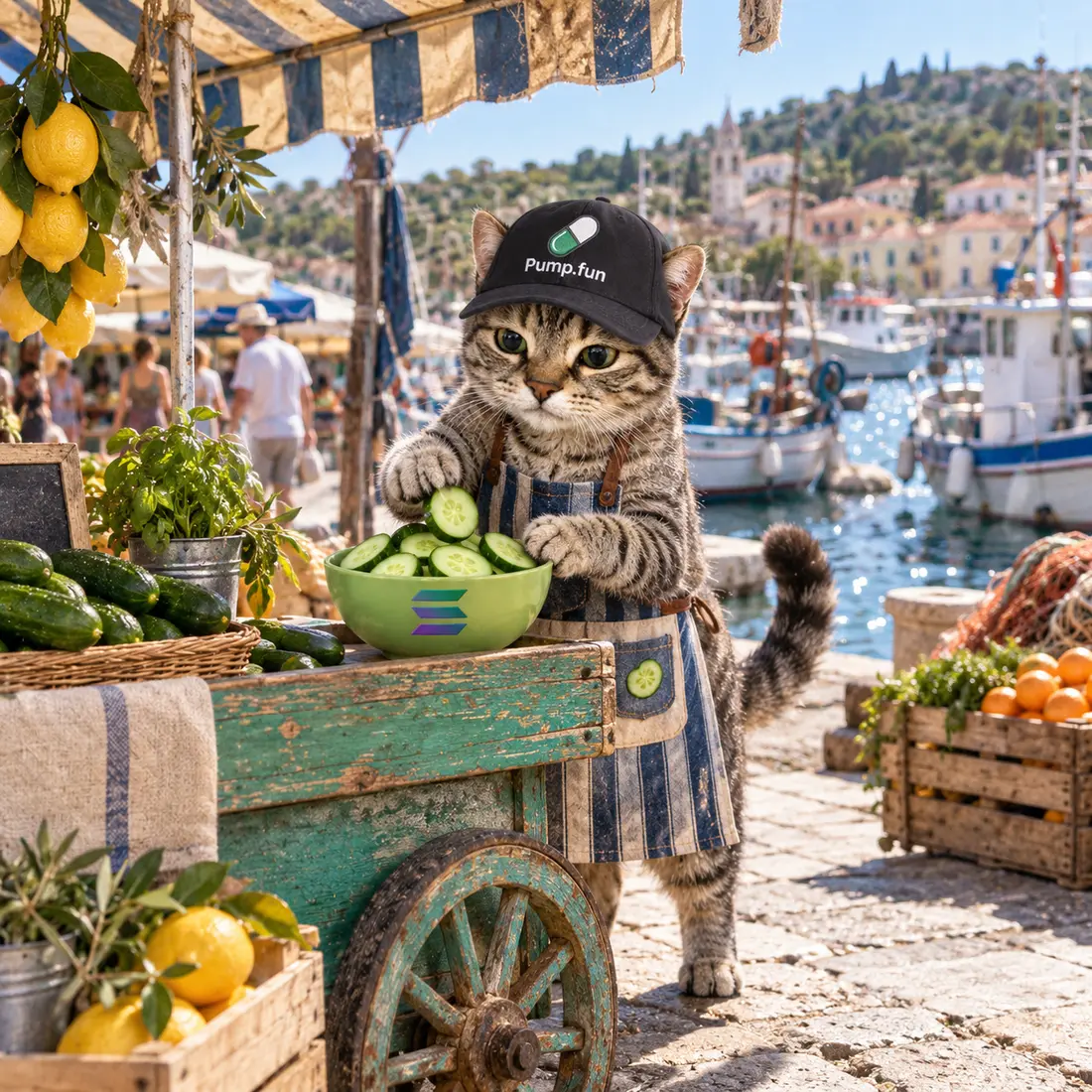 Solcumber running a cucumber cart at a Mediterranean marina market