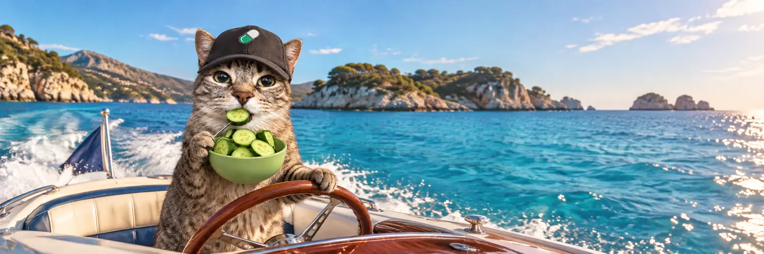 Solcumber steering a classic speedboat through a Mediterranean bay