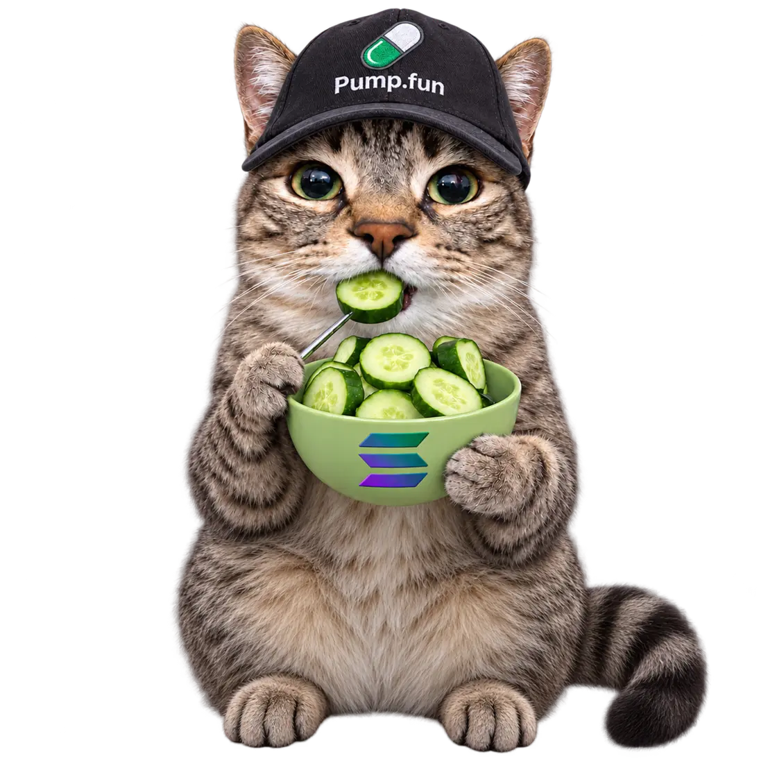 Solcumber, a tabby cat in a Pump.fun cap holding a bowl of cucumbers