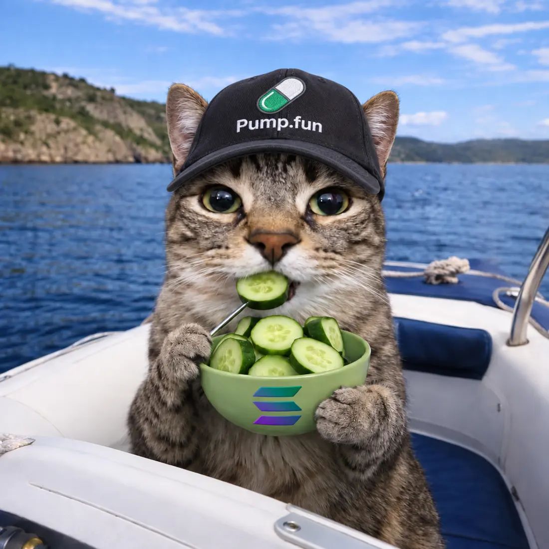The original Solcumber cat eating cucumber on a boat