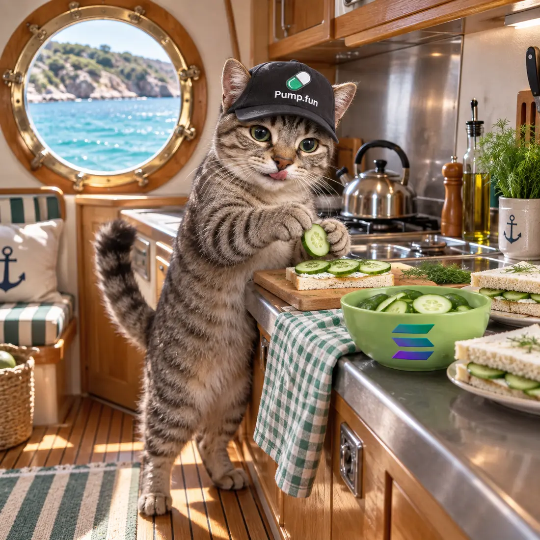 Solcumber preparing cucumber sandwiches in a yacht galley